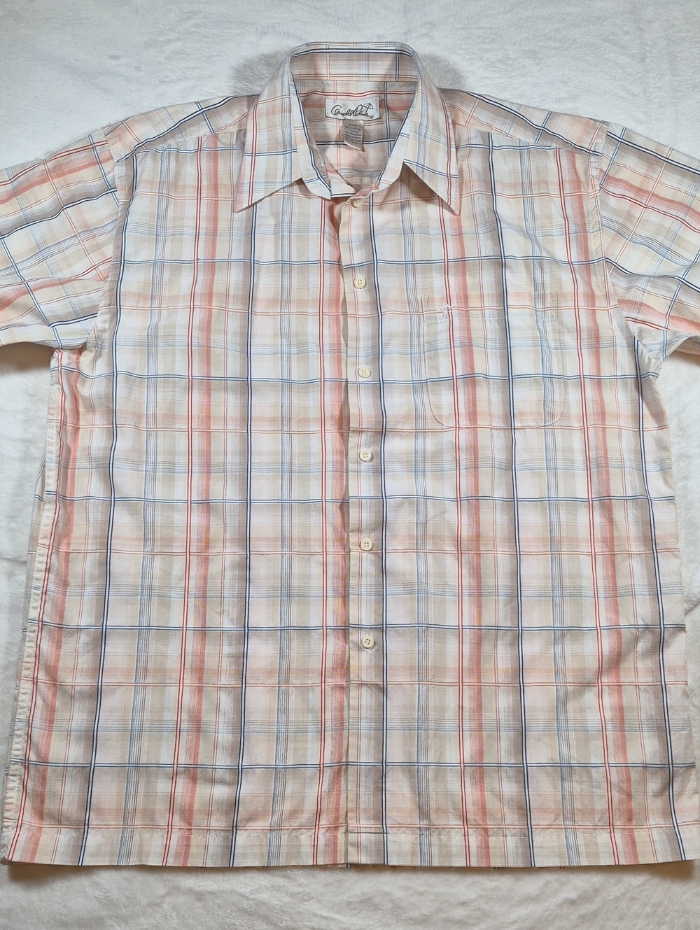 Short-Sleeve Plaid Button-Down Shirt - Peach & Blue
